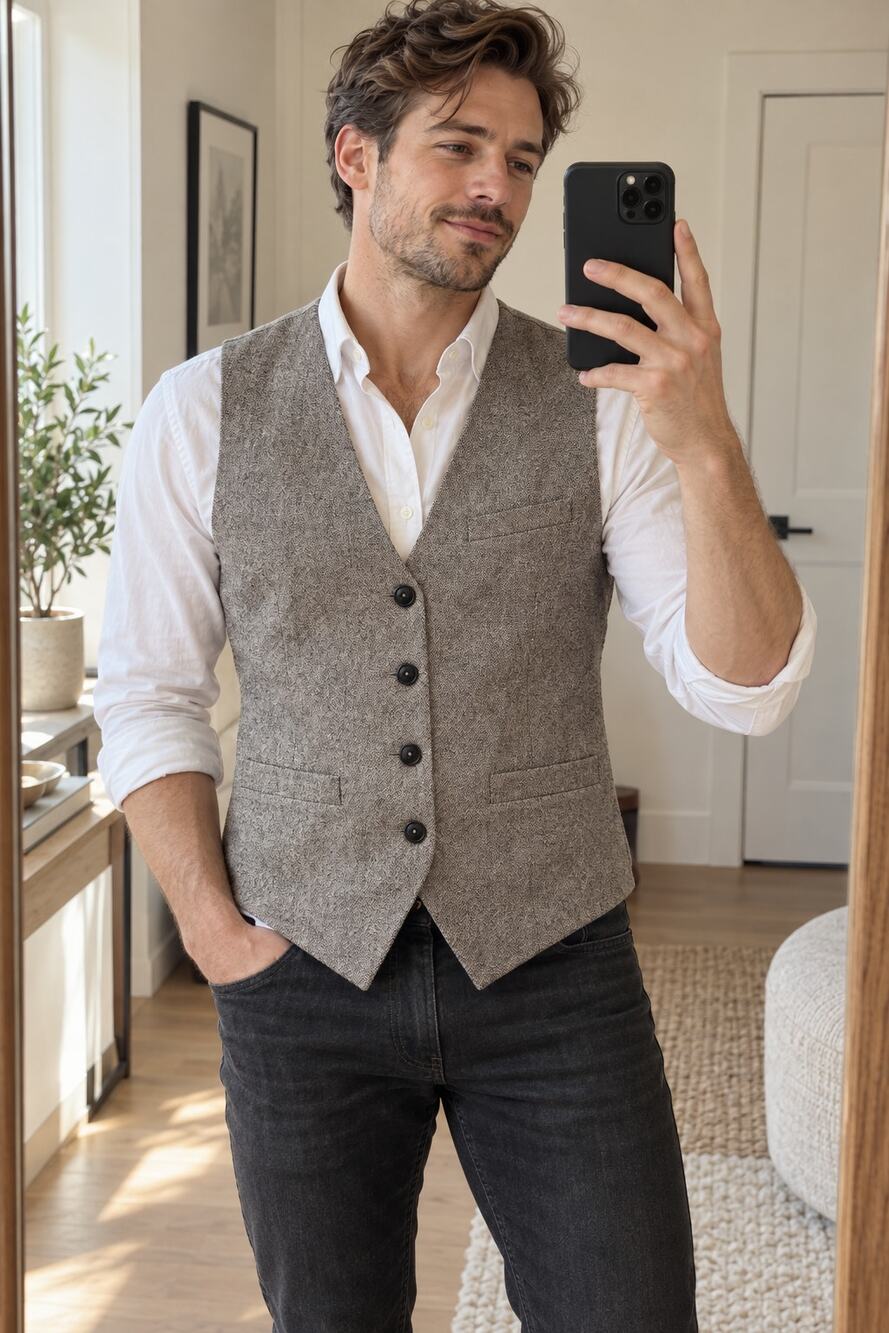 Scotch & Soda Mens Tweed Herringbone Vest Waistcoat Grey Button Front Sz S/46
